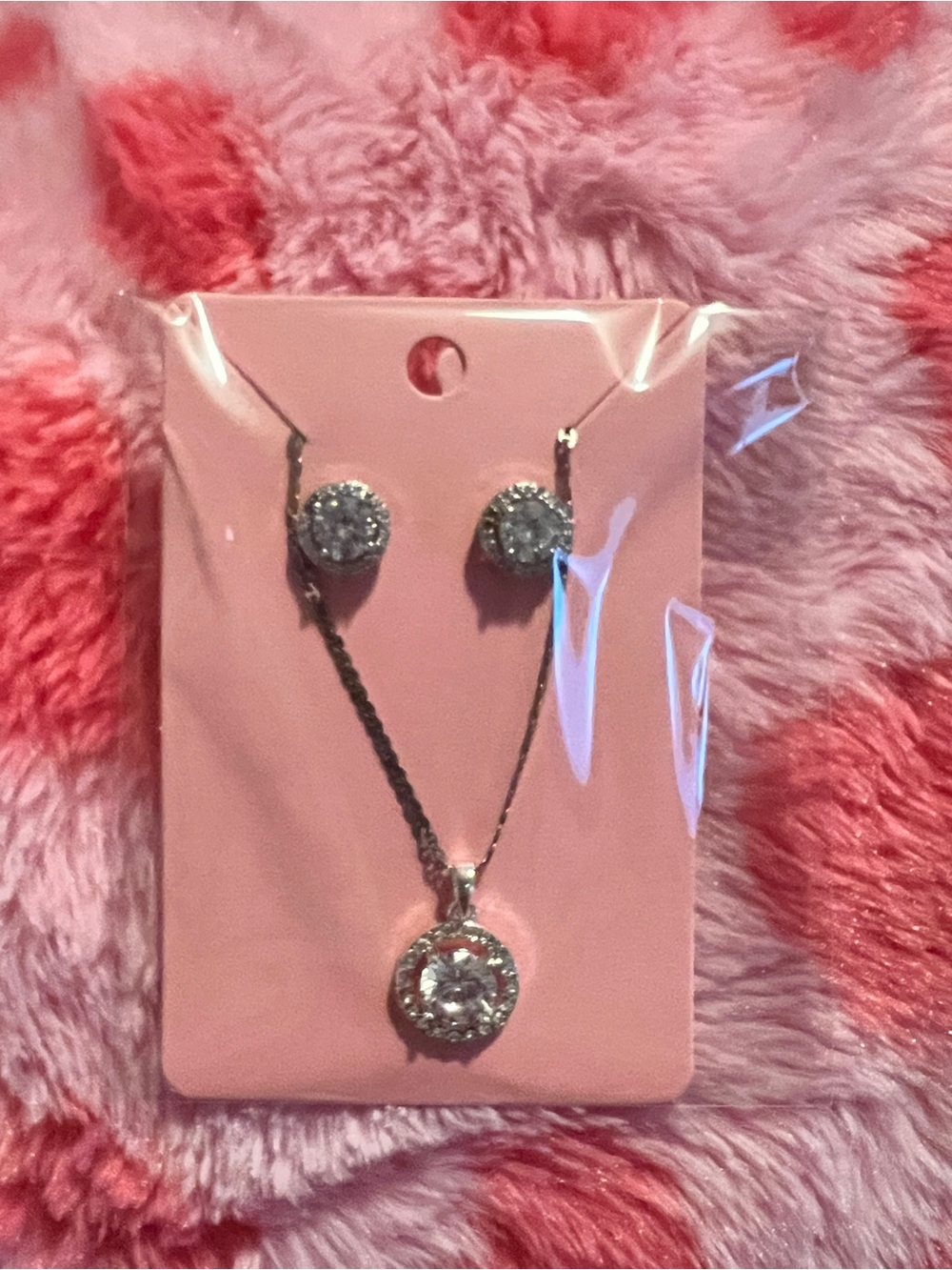 Classic Silver-Tone Clear Crystal Necklace and Earring Set - Pink Card